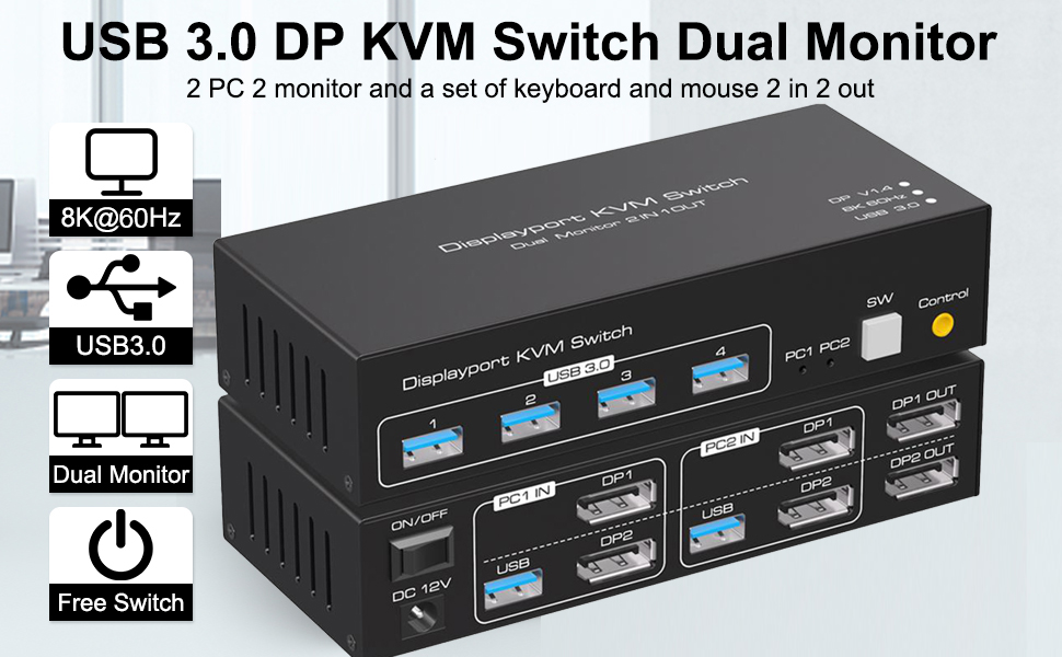 KVM Switch Dual Monitor DisplayPort 1.4 8K 60Hz 4K120Hz 2