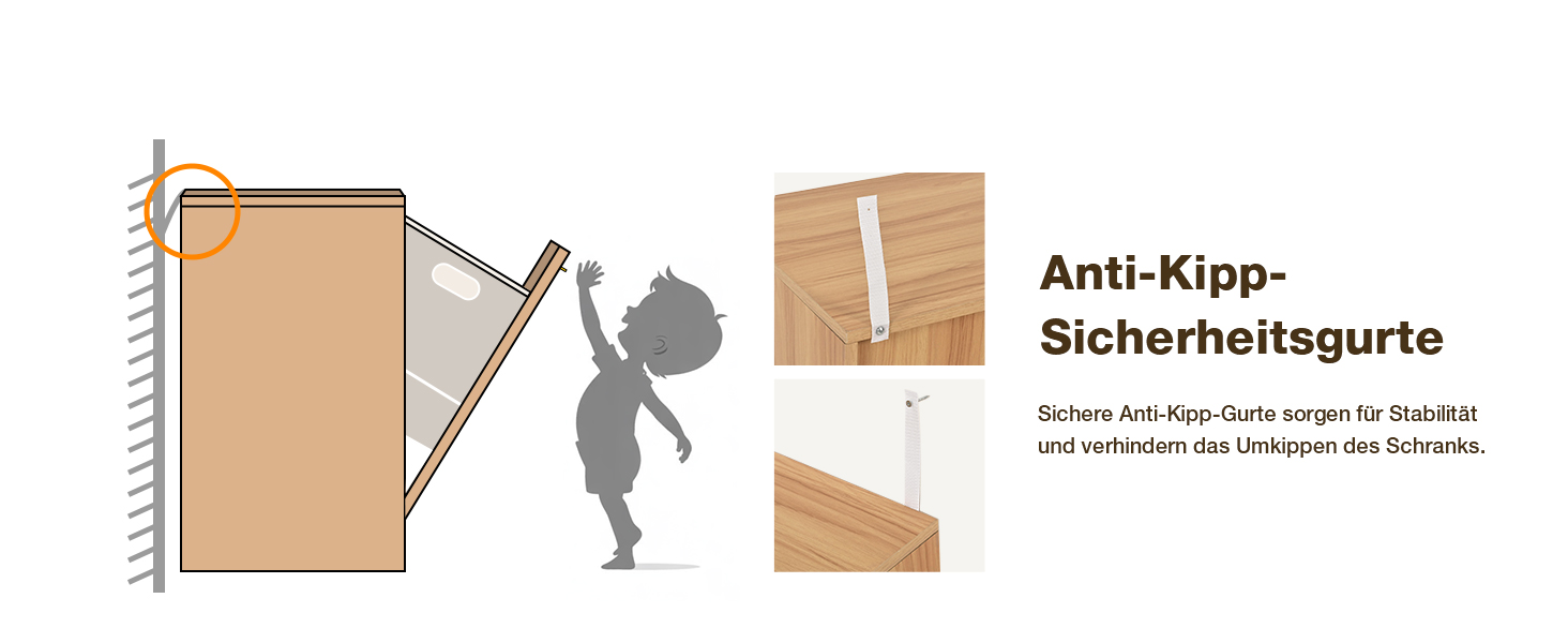 Diagramm zur Veranschaulichung der Kippschutzgurte für Möbel. Zeigt einen Kippschrank, die Silhouette eines Kindes und eine Nahaufnahme der Gurtbefestigung an