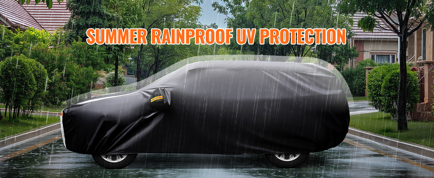 Text reads 'DURABLE PROTECTION BY PERFECTION'. Black car cover shown protecting a vehicle, photographed outdoors in a residential setting.