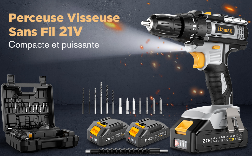 avec alimentation 21 V, illustrée avec un étui de transport, plusieurs forets et deux batteries. Dispose d'un design compact et de puissantes performances pour des tâches de perçage polyvalentes.