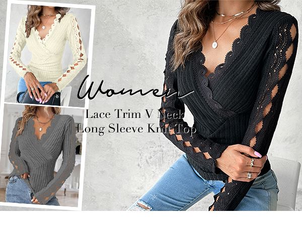 Women Lace Trim V Neck Long Sleeve Knit Top Hollow-Out Slim