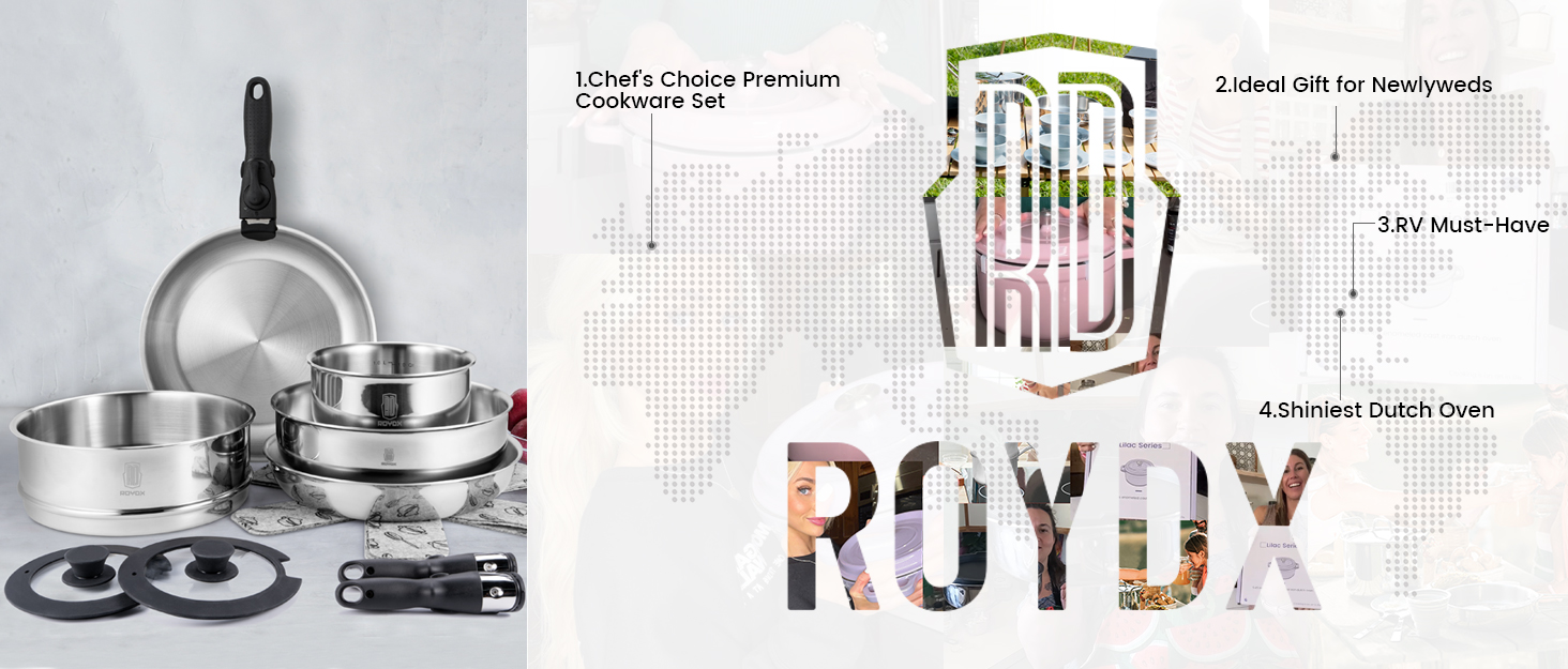ROYDX 18/10 Stainless Steel Pots and Pans Set with Steamer and Removable Handle, 10 Piece Stackable Induction hob pan Set, Frying Pans with Saucepan for All Stoves Oven Proof, for Single and Student 10 dutch oven