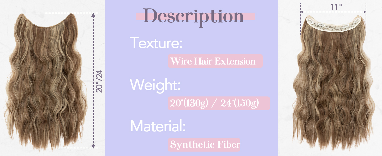 Snoilite Invisible Wire Hair Extensions 20 Inch Black Long Wavy