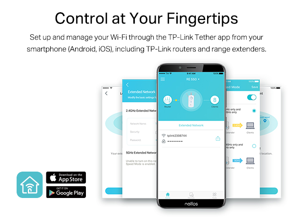 Text reads 'Control at Your Fingertips'. Multiple mobile app interface mockups showing various control screens and settings panels with blue and white color scheme.