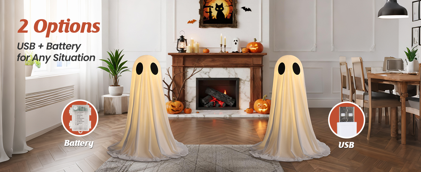 The Halloween ghosts decor on fireplace ideal for anywhere indoor.