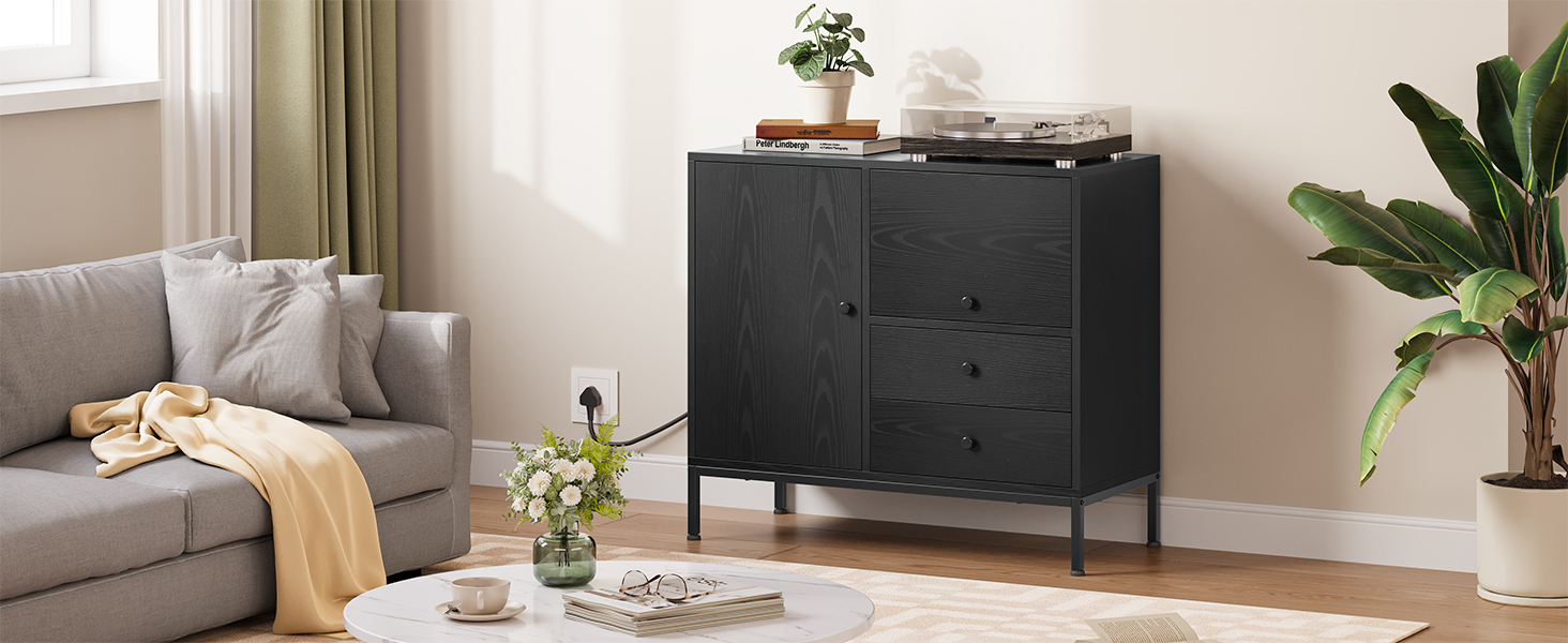 YITAHOME 3-Drawer Sideboard with Power Outlets, Storage Cabinet, Cupboard, Wooden Lateral File Cabinet, Printer Stand for Home Office, Black, 80x40x90 cm 12 Storage Cabinet