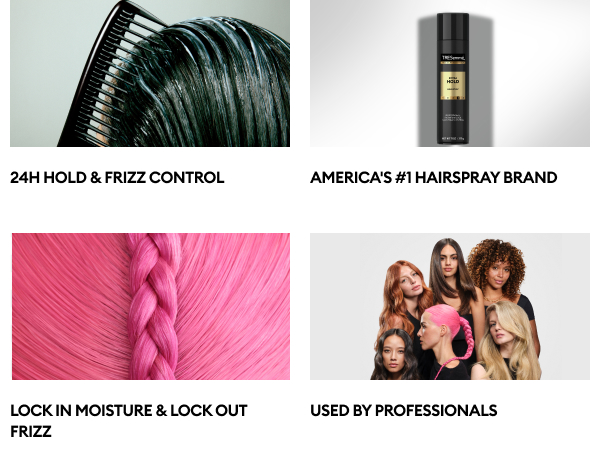 Comb through wet hair, hairspray bottle, pink braid closeup & diverse women with bold styles.