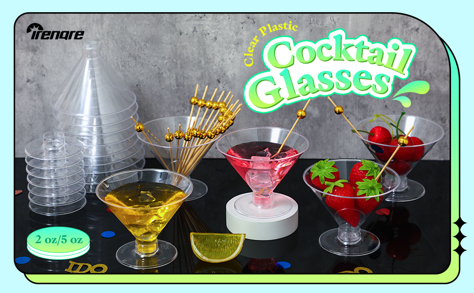 100 Pcs Clear Plastic Martini Glasses and Gold Pearl Cocktail Picks Set Disposable