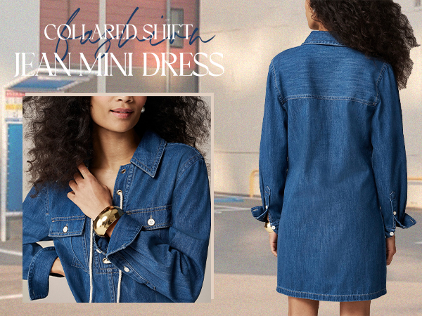 新品 未使用 Denim-Trimmed Volume Sleeve Dress EZAPINE Women Denim Dress Long Sleeve Drawstring V Neck