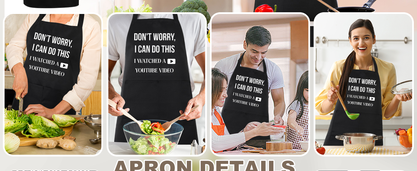 Text reads 'APRON DETAILS'. Series of images showing people wearing black aprons while performing various cooking and kitchen tasks.