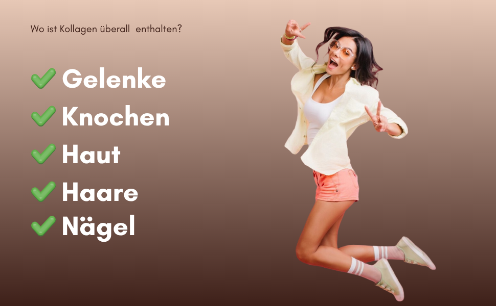 Text reads 'Gelenke', 'Knochen', 'Haut', 'Nägel'. Multiple photos showing benefits with checkmark icons next to health-related German terms.