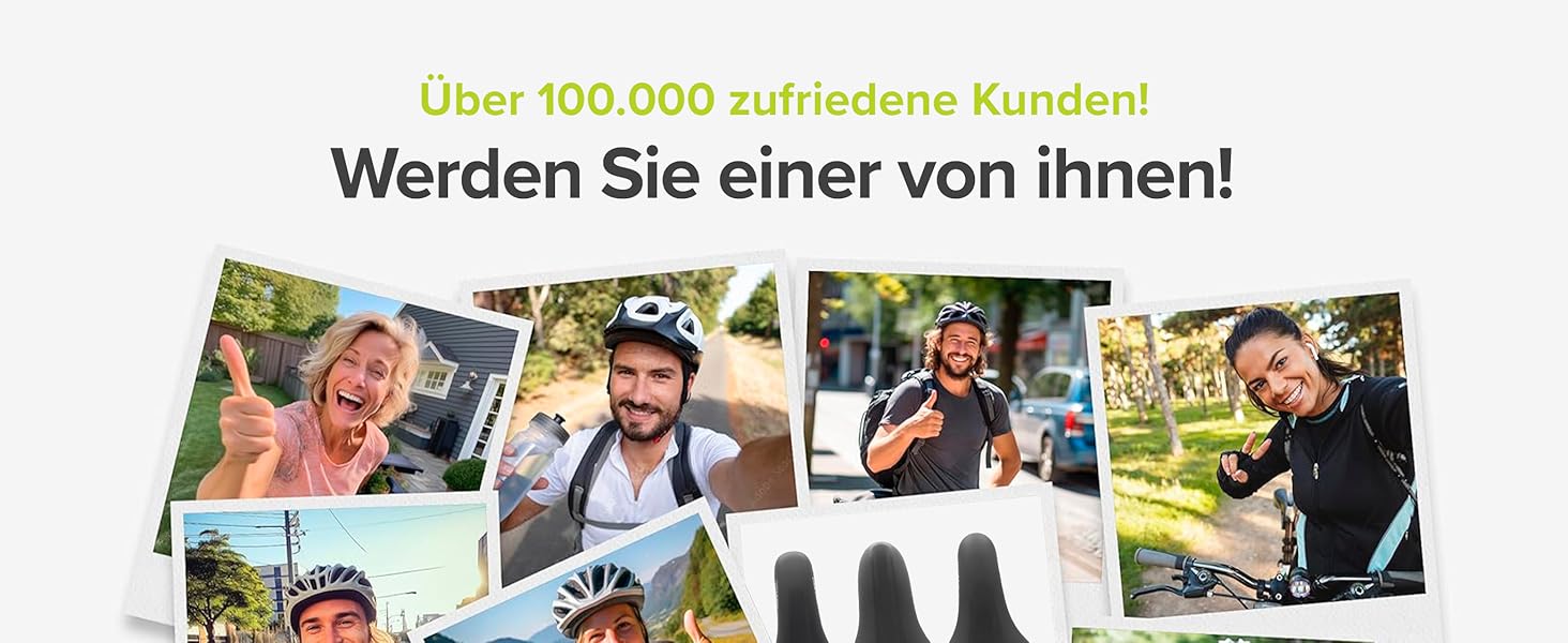 Collage aus Fotos von Outdoor-Aktivitäten, die Radfahrer und Outdoor-Enthusiasten zeigen. Der deutsche Text weist auf Botschaften zur Kundenzufriedenheit hin