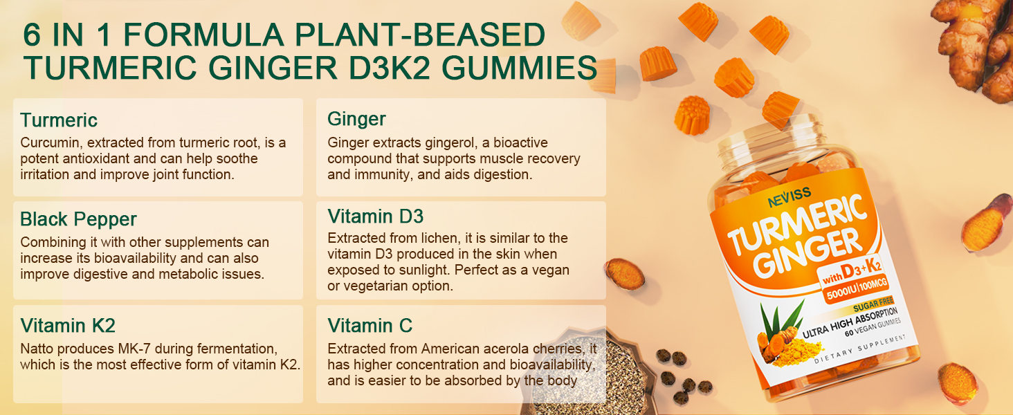 Amazon.com: Sugar Free Turmeric Ginger Gummies with 5000 IU Vitamin D3 - Turmeric And Ginger Gummies Weight Loss