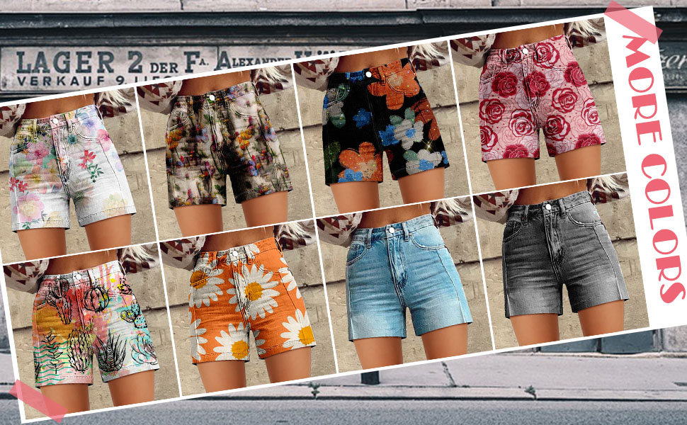 Women Denim Shorts Vintage Boho Floral Print Denim Jeans Casual High Waist Slim Bermuda Short