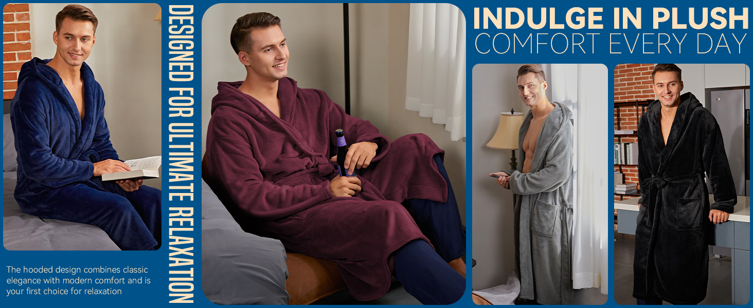 Mens Robe with Hood, Plush Robe for Men Long Fleece Bathrobe Soft and Warm