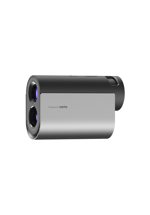 Dispositivo telémetro compacto plateado y negro con dos lentes. Forma cilíndrica con pantalla digital, ideal para medir distancias