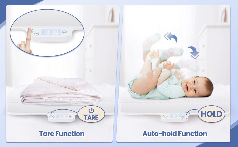 Infographic showing 'Tare Function' and 'Auto-hold Function' features. Technical diagram demonstrating weighing scale functionality with visual indicators.