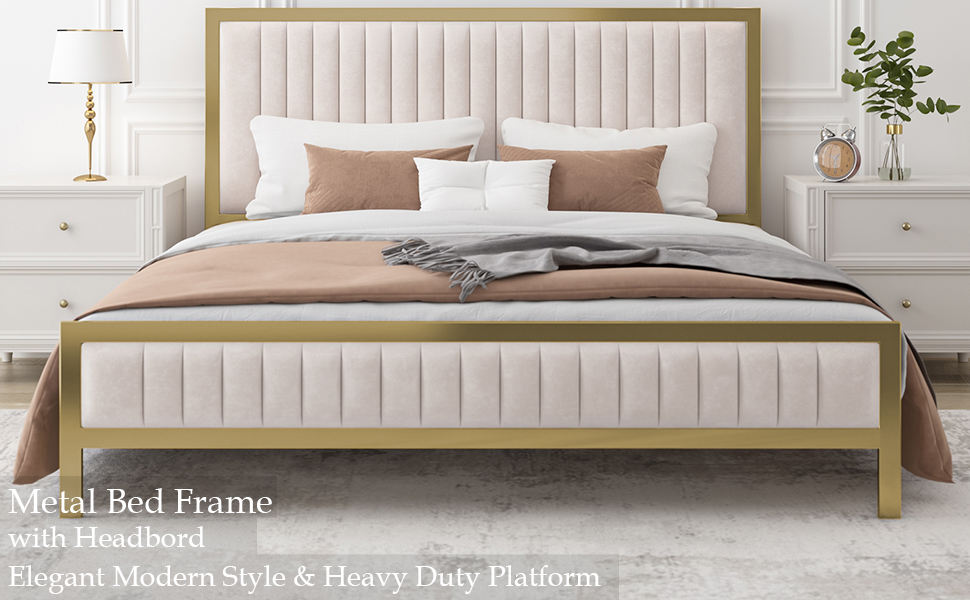 Queen Size Bed Frame with Headboard and Footboard, Velvet