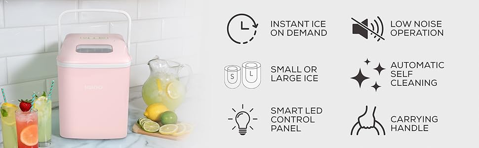 Instant on demand ice, low noise, small or large ice, self-cleaning, smart control panel, cup rest