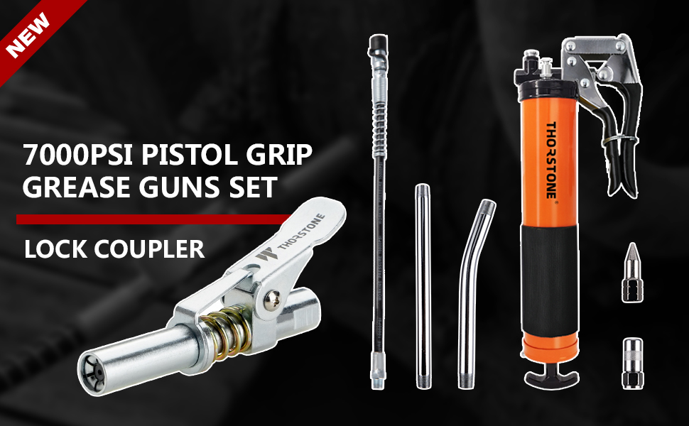 Thorstone Grease Gun Kit, 7000PSI Heavy Duty Pistol Grip Grease Guns Set 14oz Load