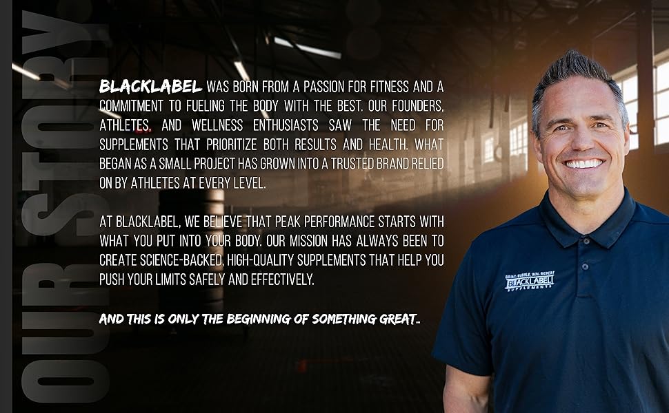 Man in BlackLabel shirt beside brand story about science-backed supplements and athlete origins.