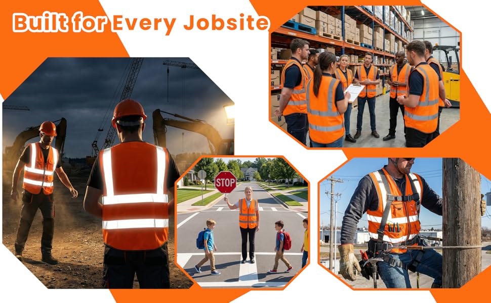 construction safety vest orange reflective class hi vis pockets zipper front multi pocket surveyor