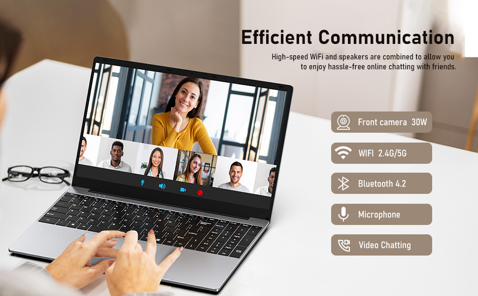 Laptop displaying video conference with communication features highlighted: front camera, WiFi 2.4G/5G, Bluetooth 4.2, microphone, and video chatting capabilities.