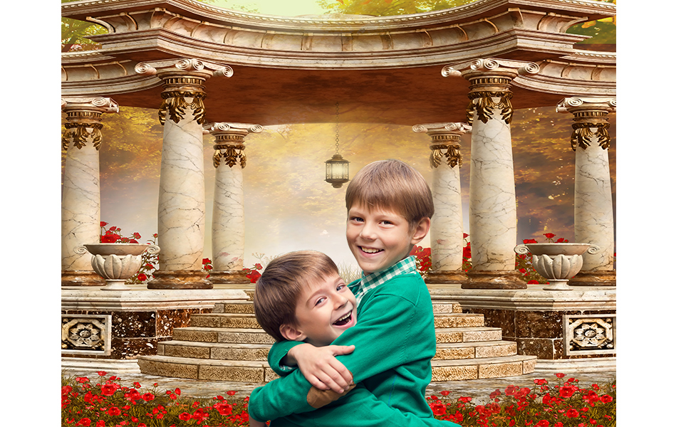 Marble Gazebo Photography Background Red Flowers Forest