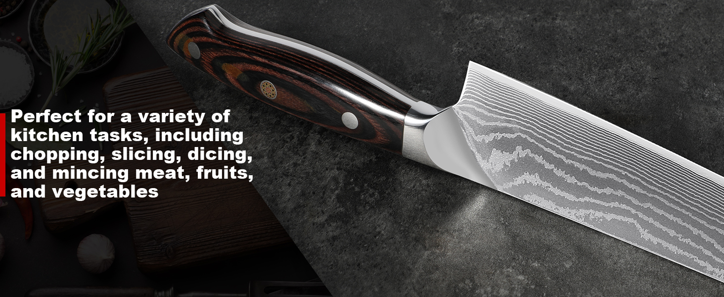 8 Inch Japanese Chef Knife, 10CR15MOV Damascus Rose Pattern