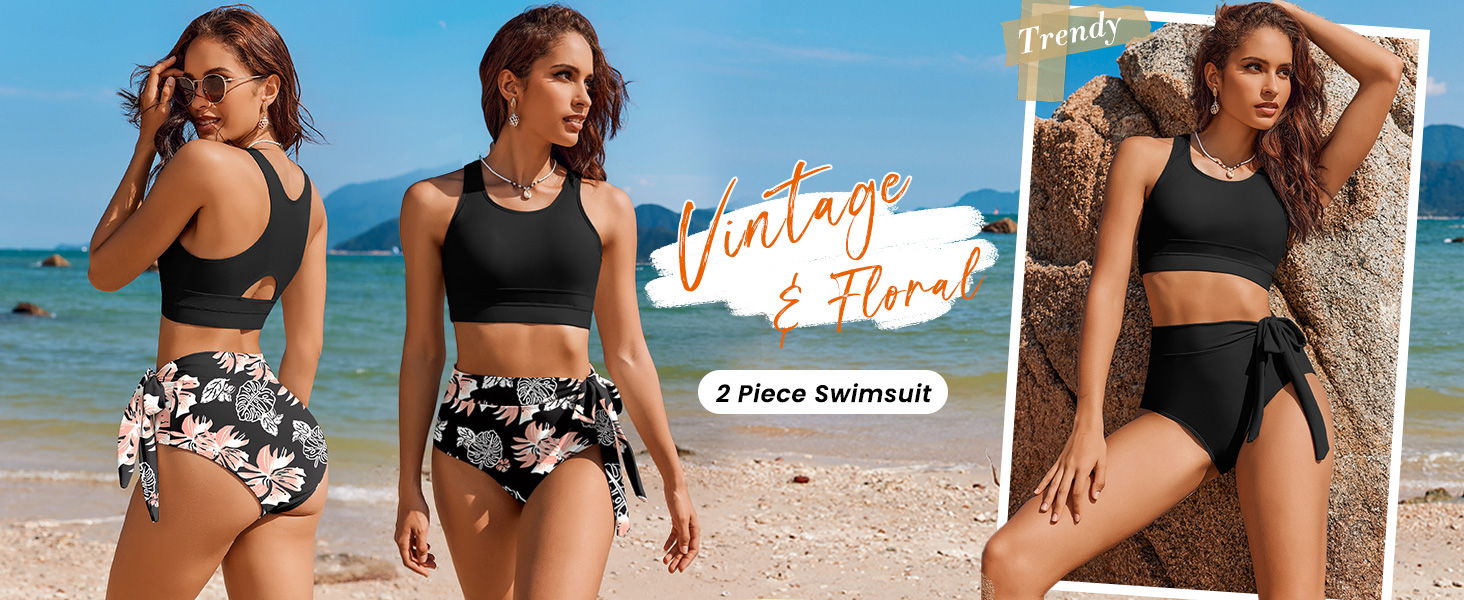 AI'MAGE Bathing Suits for Women Bikini Tummy Control Swimming suit Floral Swimwear Swimsuit Black