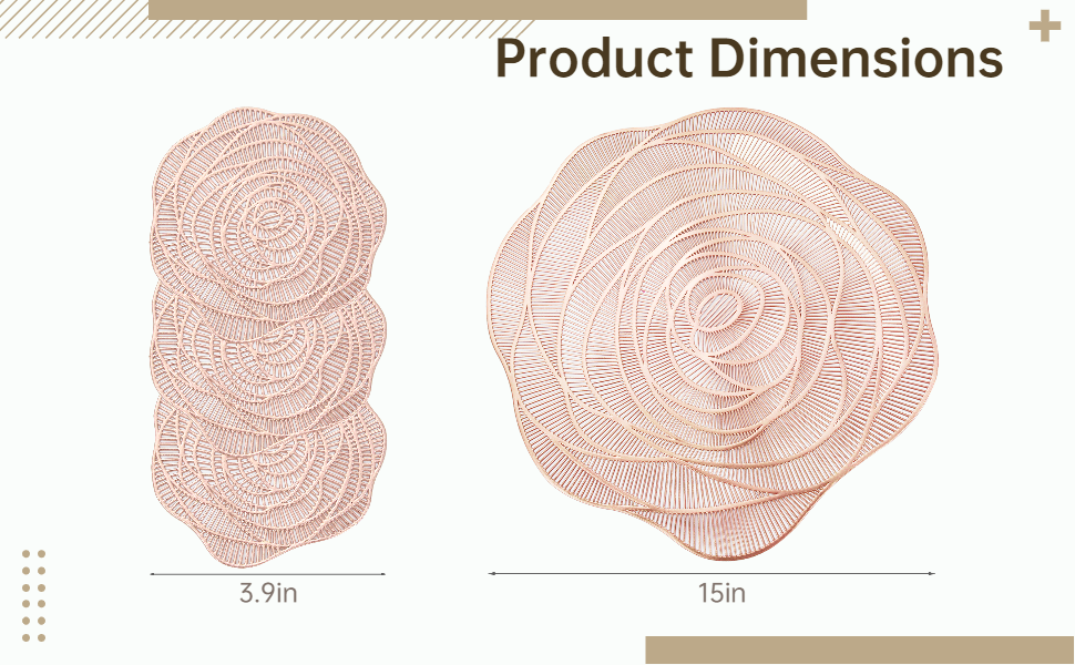 Rose Gold Placemats and Coasters Set of 6, Round Pressed