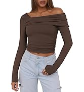 ANRABESS Womens One Off Shoulder Shirts Long Sleeve Going Out Crop Tops Ruched Tight Casual Blous...