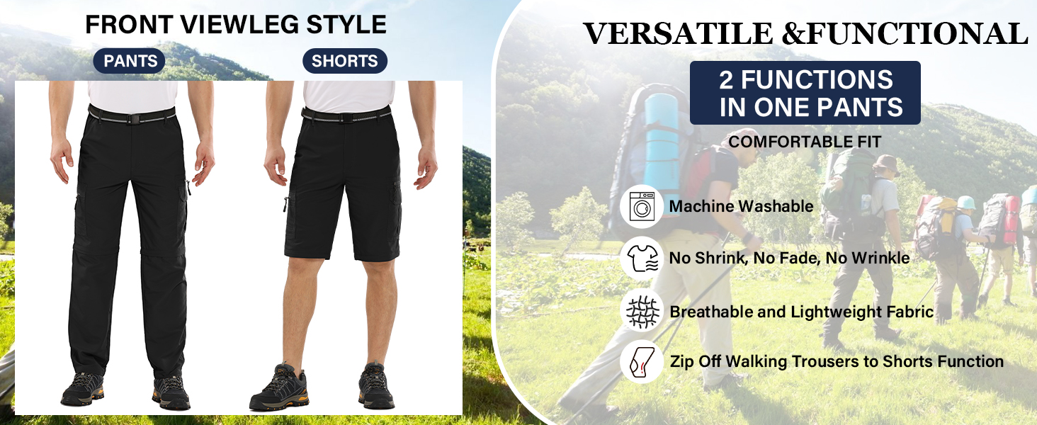 Versatile pants product image showing front view and leg styles. Features include machine washable, no shrink, breathable, and convertible to shorts function.