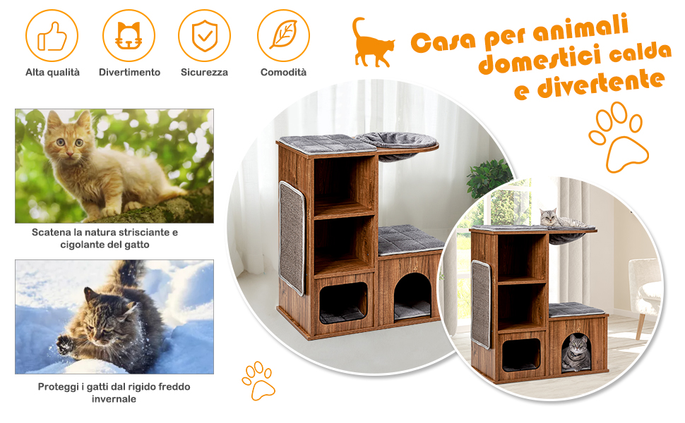 COSTWAY Tiragraffi Per Gatti Grandi Adulti, Tiragraffi Gatto Con Cuccia, Amaca, Piattaforme E Cuscini Rimuovibili, Albero Tiragraffi Da Divano In Legno, Portata 20 Kg, 69 X 39 X 80,5 Cm 15 3