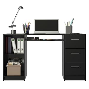 Escrivaninha preta com três gavetas e uma porta