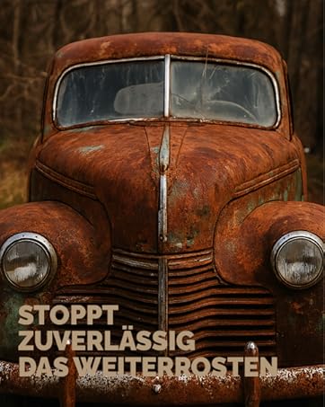 Front view of a rusty, vintage car with round headlights and a split windshield. The hood and grille show extensive weathering and corrosion.