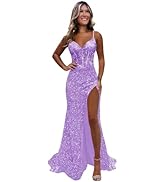 TORYEMY Sequin Prom Dress with Slit Lace Appliques Spaghetti Straps Mermaid Long Formal Evening G...