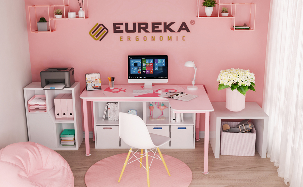 Eureka Ergonomic 61 inch L Shaped Desk, Pink Computer