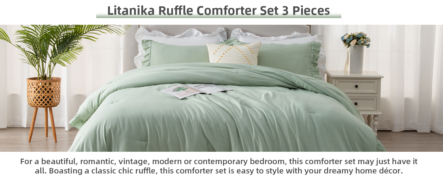 Litanika Sage Green Comforters Queen Size Set, 3 Pieces