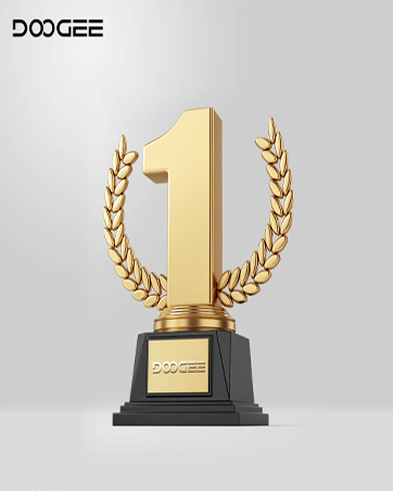 Gold-colored trophy with a large number '1' surrounded by laurel wreath on a black base. The base features the text 'DOOGEE'.