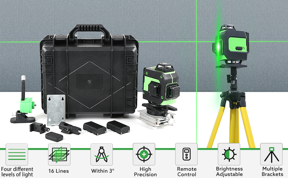 16 Line Laser Level 360 Self Leveling 4 x 360° Cross Line Laser Four Brightness Adjustment