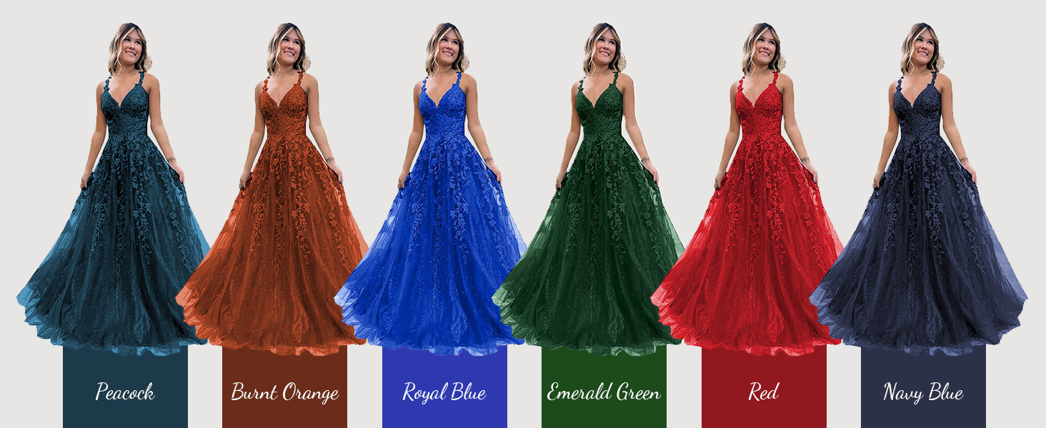 Prom Dresses for Women Ball Gown Long Backless Tulle Lace Applique Evening Dress Formal Party Gown