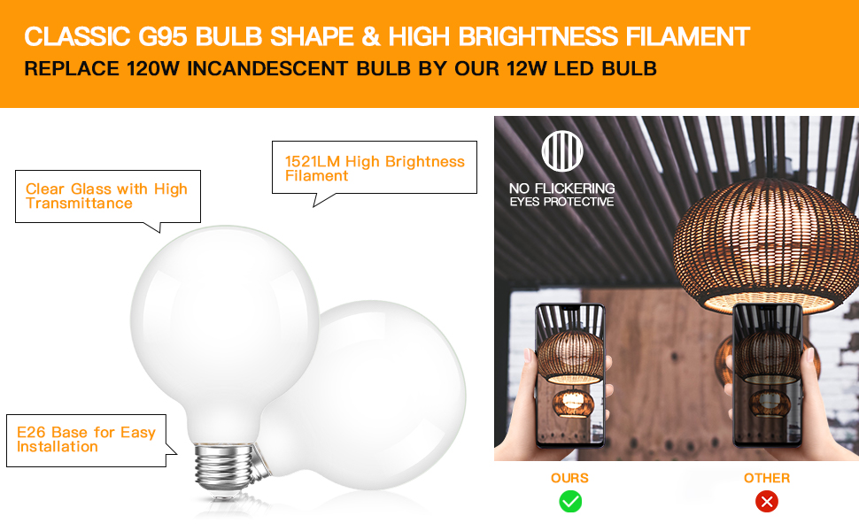 Sphoon LED Dimmable Globe Light Bulb 100 Watt Equivalent, Edison