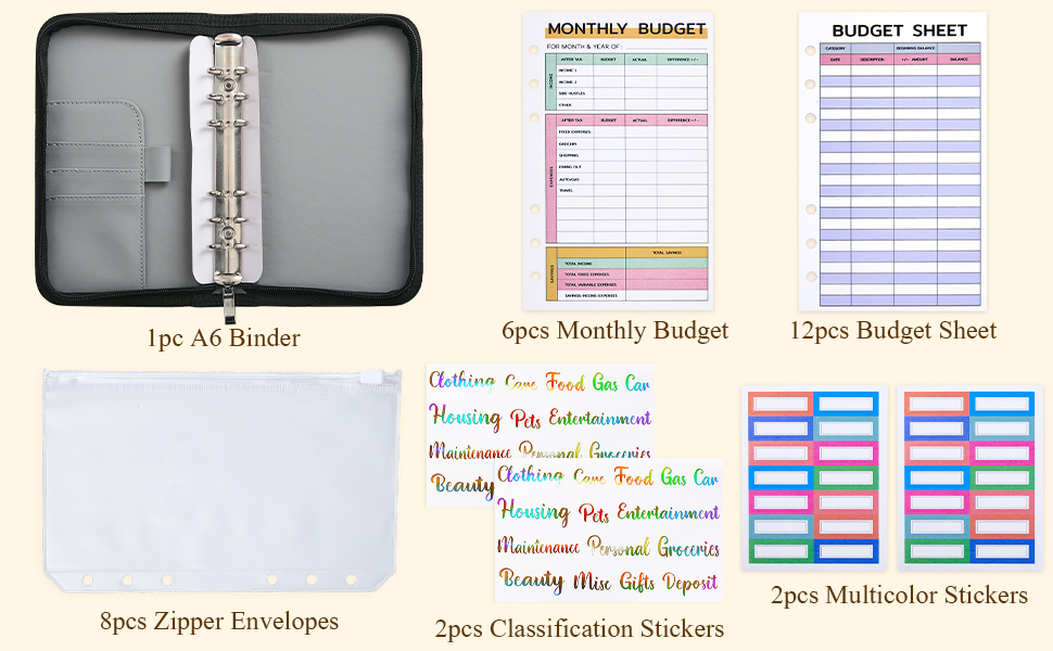 Budget Binder with Zipper Envelopes A6 Money Organizer for