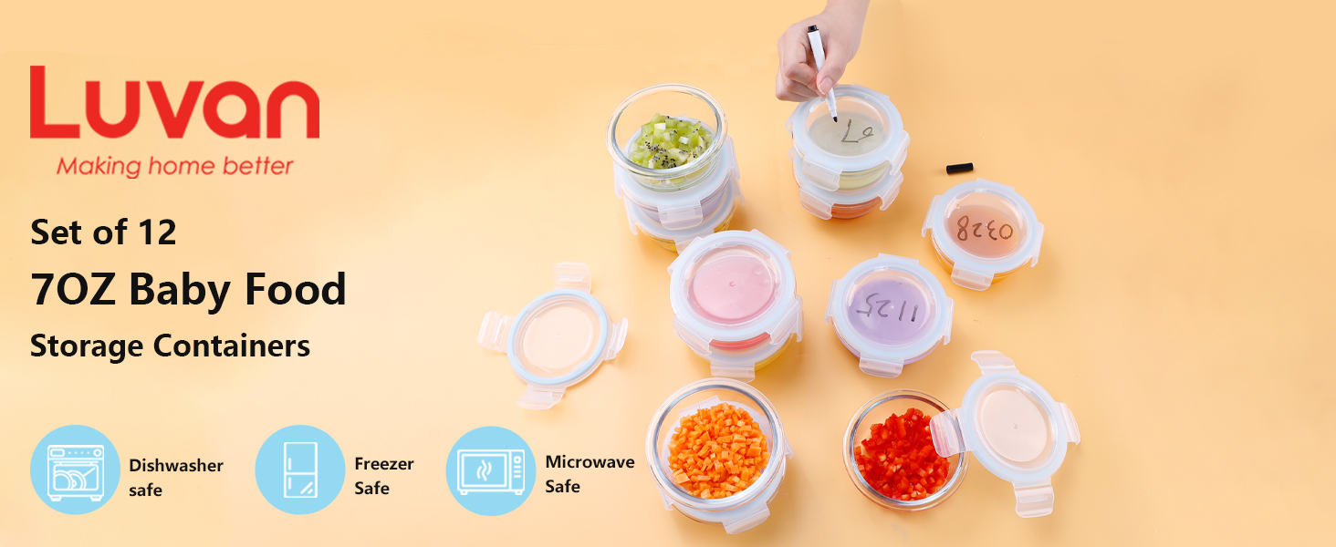 Luvan 7oz Glass Baby Food Containers, 12 Pack Baby Food