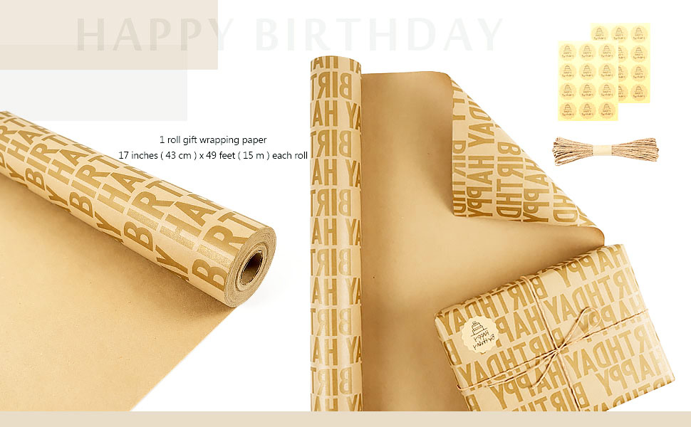 Birthday Wrapping Paper Roll, Gold Happy Birthday Kraft Wrapping Paper