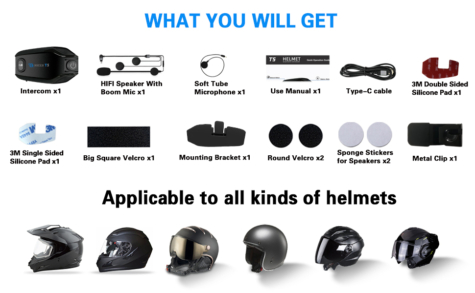 TNICER Motorcycle Bluetooth Headset, T5 500m 2Way Helmet