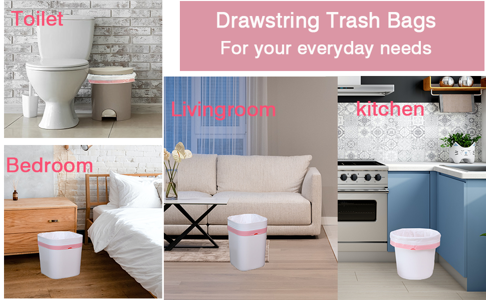 Small Trash Bag 2.6 Drawstring Garbage Bags Bathroom Trash can Liners