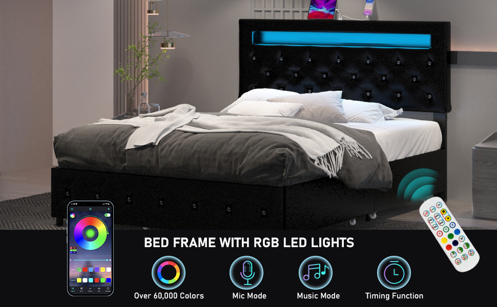 Hlivelood Full Upholstered LED Bed Frame with 4 Storage