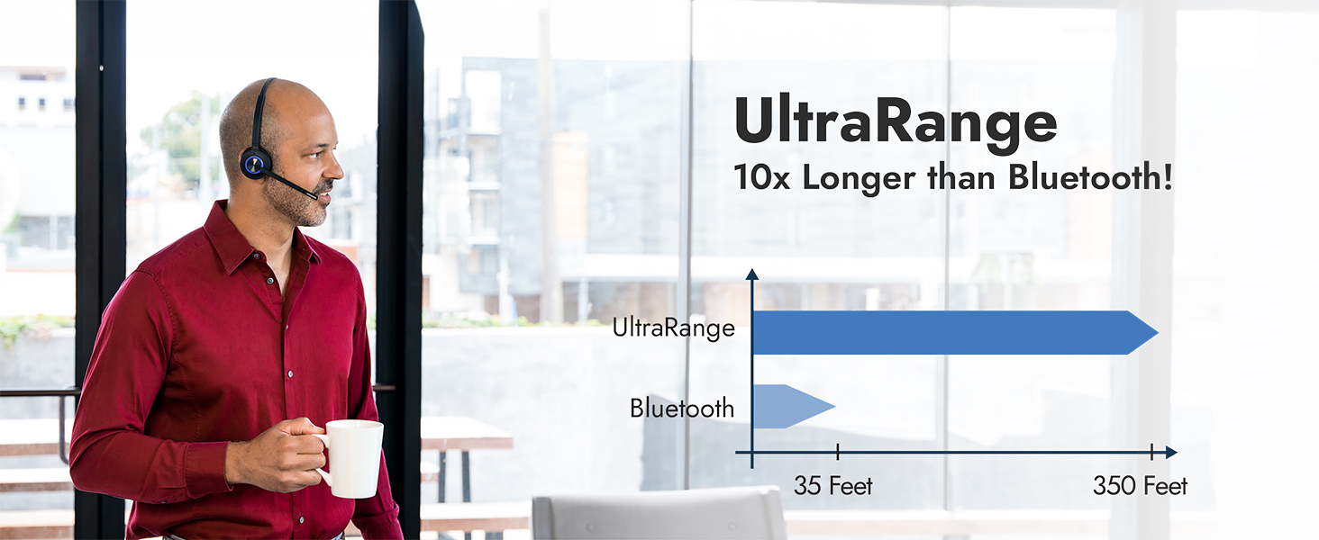 Up to 350 feet of range on the avaya compatibile wireless headset. Long range telephone headset